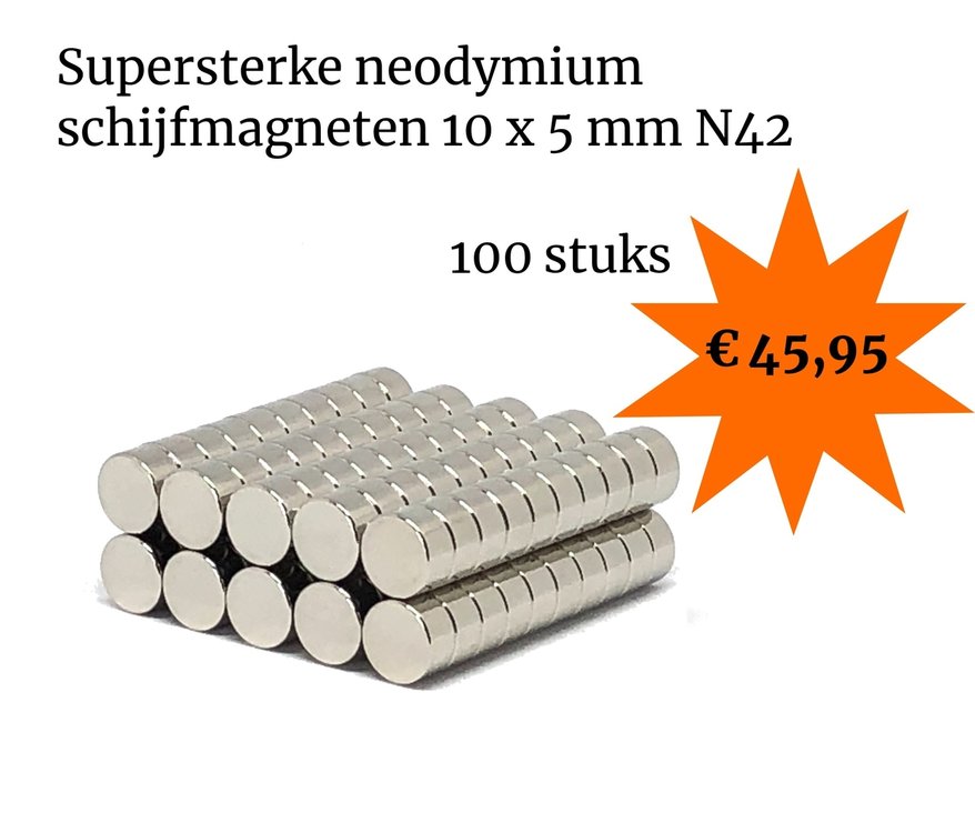 Voordeelset 100 stuks neodymium schijfmagneten 10 x 5 mm N42