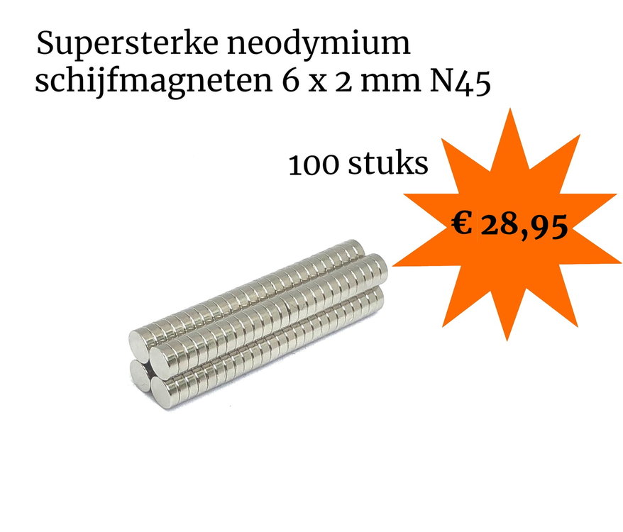 Voordeelset 100 stuks neodymium schijfmagneetjes 6 x 2 mm N35